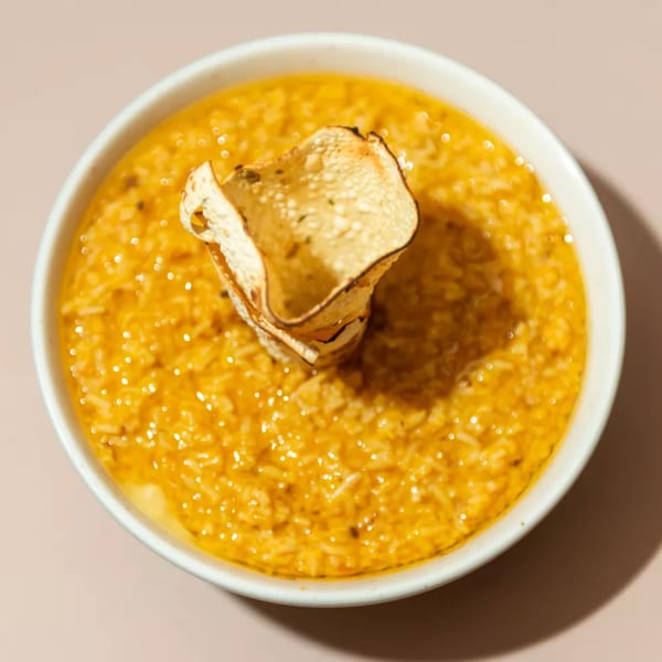 A bowl of yellow Indian dal with rice, topped with a crispy papadum.